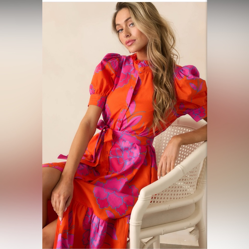 FREE TO FLY COTTON ORANGE FLORAL BUTTON FRONT MIDI DRESS